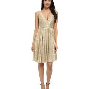 NWT Sam Edelman Gold Lurex Pleated Halter Midi Dress Sz 4 Cocktail Wedding Guest